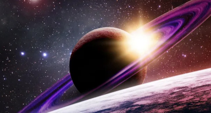 A dark planet with vivid purple rings glowing in space, evoking Saturn’s revenge.